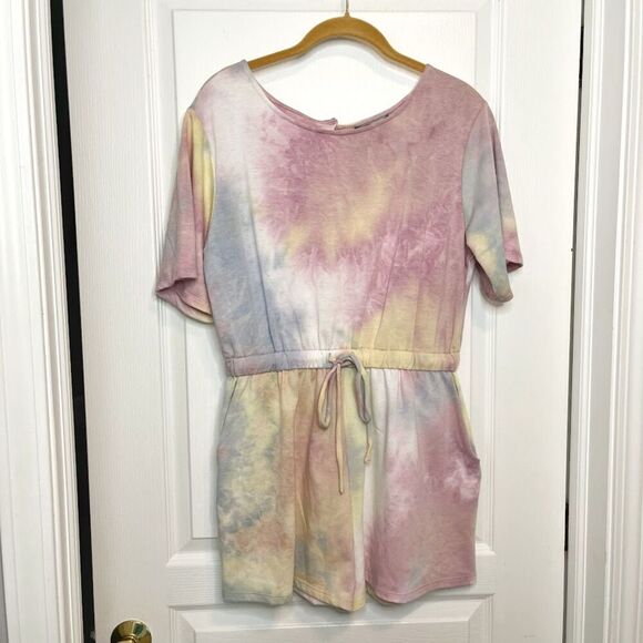 Good Luck Gem NWT One Piece Tie Dye French Terry Drawstring Waist Pocket Romper - Picture 1 of 11